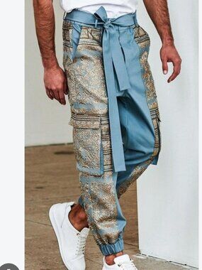 ORTTU Couture Cargo Joggers Light Blue With Gold Embroidered Thread Men's XL
